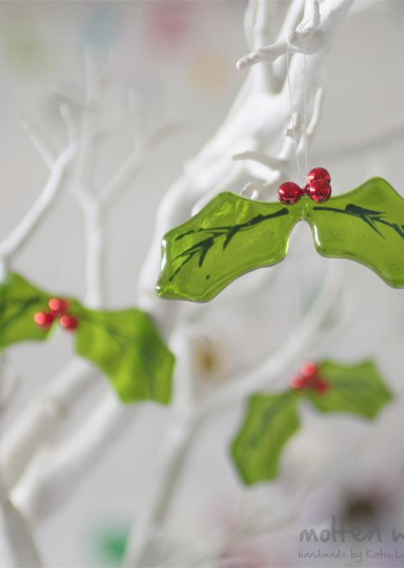 fused glass handmade holly decorations