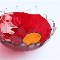 red fun fraggley fused glass bowl 