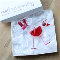 Red Birdy Bird fused glass hanging decoration made by molten wonky