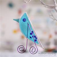 Blue Lala Bird hanging fused glass decoration handmade by Katie Lynn
