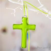 fused glass cross with an aura of colour from molten wonky