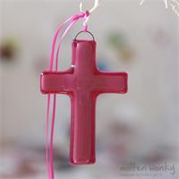 fused glass cross with an aura of colour from molten wonky