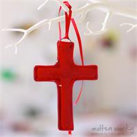 fused glass cross with an aura of colour from molten wonky