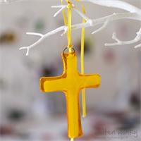 fused glass cross with an aura of colour from molten wonky