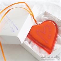 orange  fused glass love heart decoration handmade by molten wonky