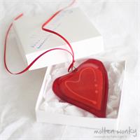red with a line fused glass love heart hanging decoration made by molten wonky