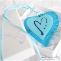 blue with a line fused glass love heart hanging decoration made by molten wonky