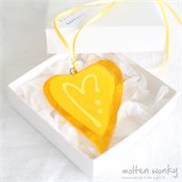 yellow fused glass love heart decoration handmade by molten wonky