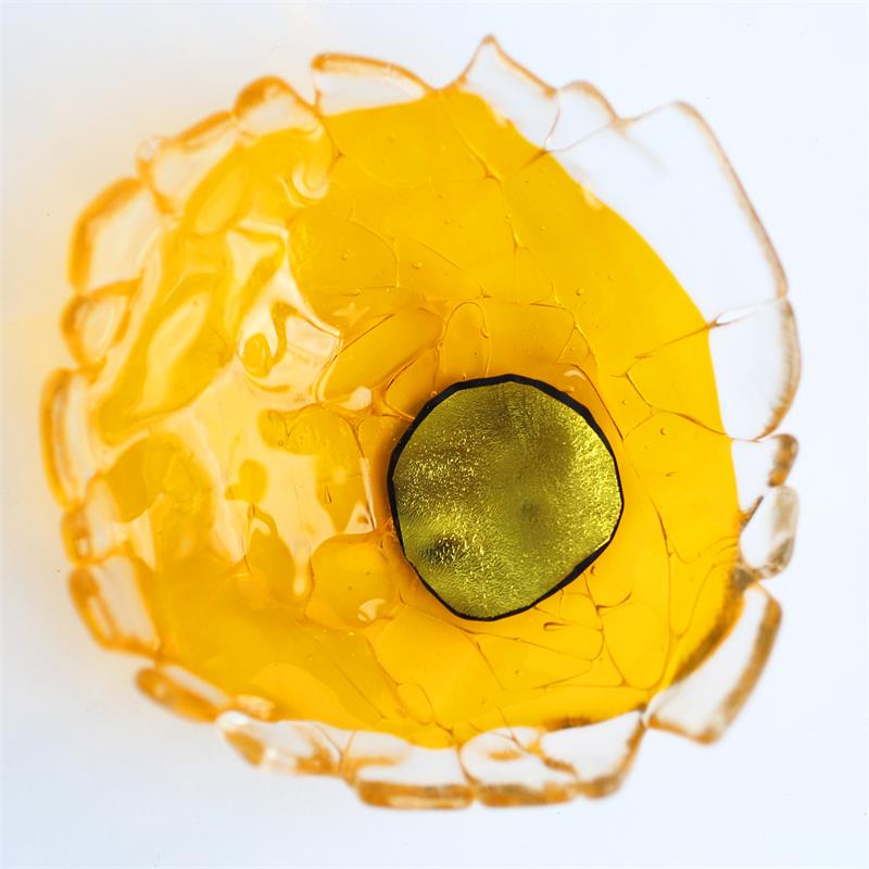 yellow fun fraggley fused glass bowl 