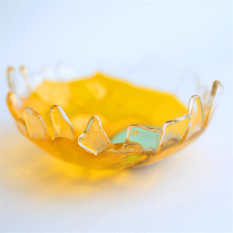 yellow fun fraggley fused glass bowl 