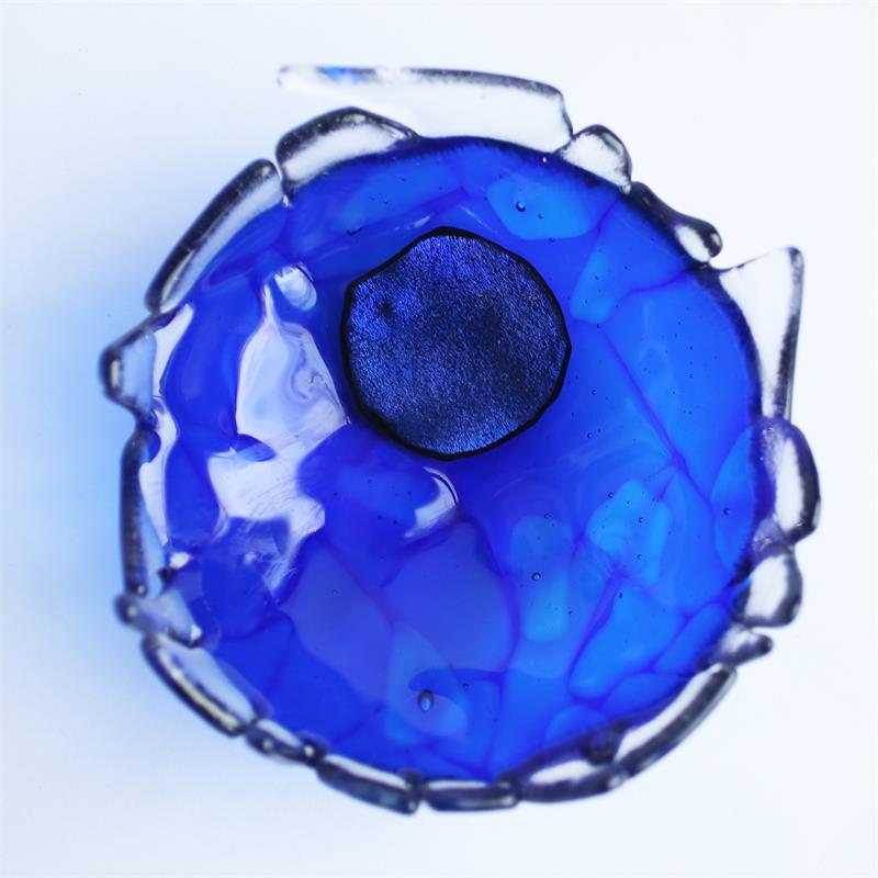 dark blue fun fraggley fused glass bowl