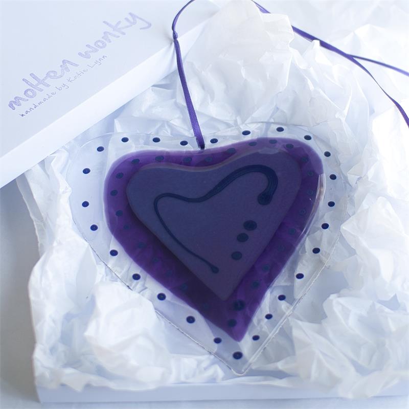 Big purple fused glass love heart 