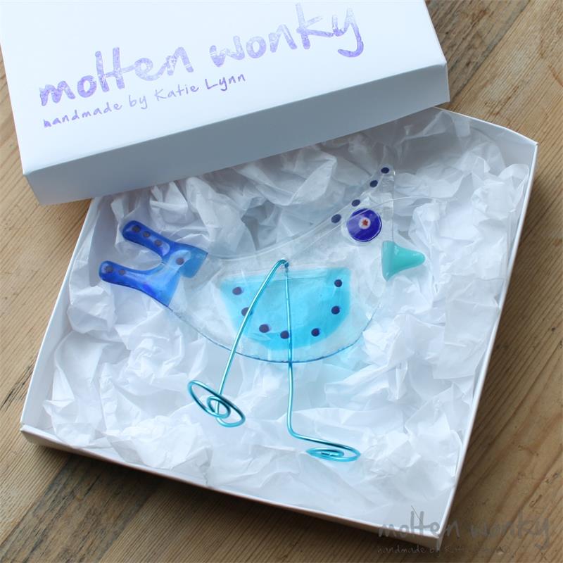 Blue Birdy Bird fused glass hanging decoration made by molten wonky