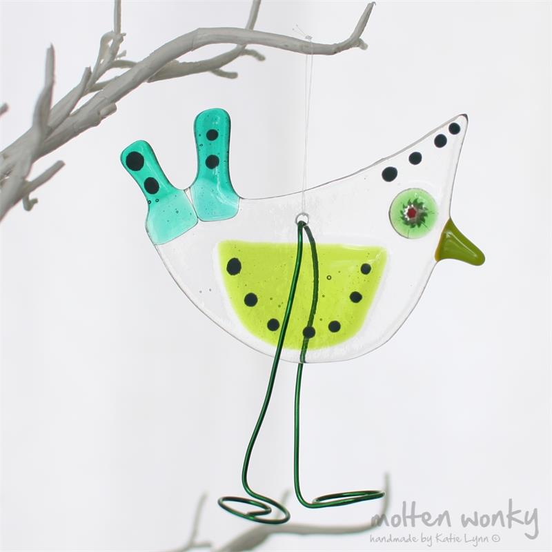 green Birdy Bird fused glass hanging decoration made by molten wonky
