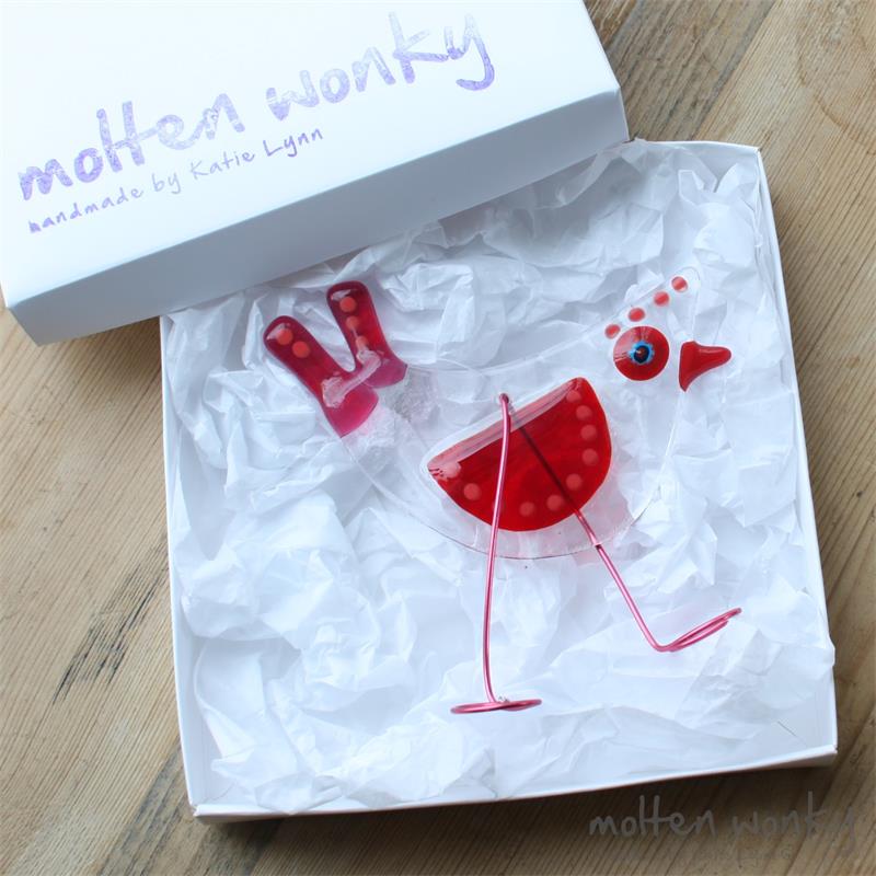 Red Birdy Bird fused glass hanging decoration made by molten wonky