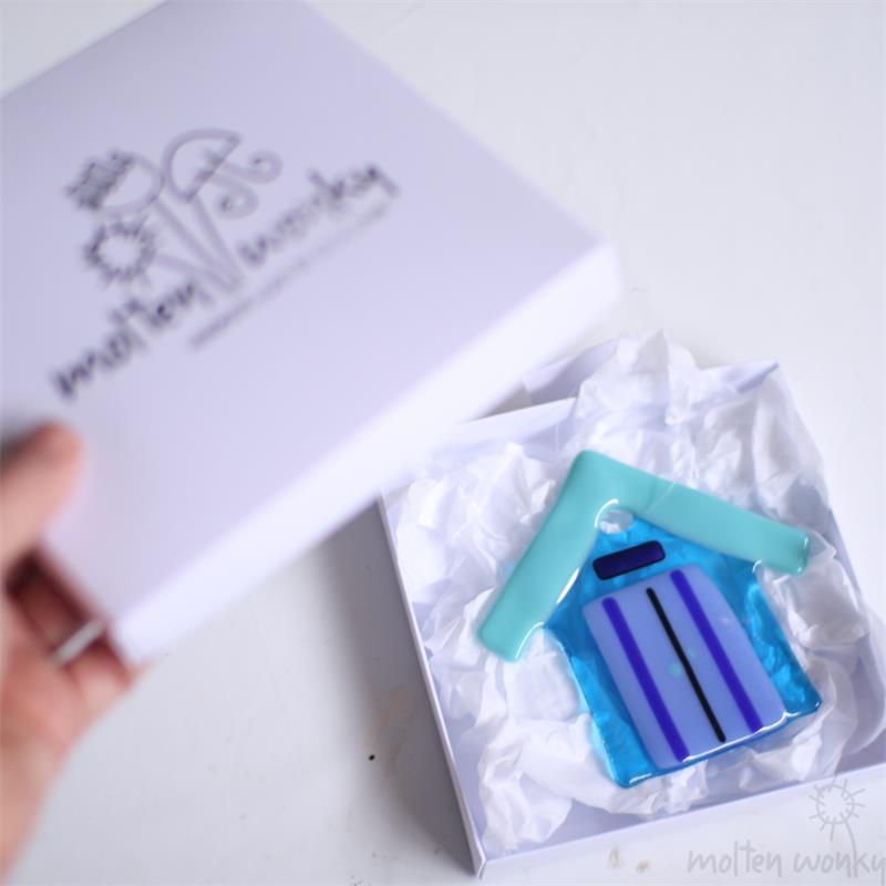 blue fused glass beach hut 