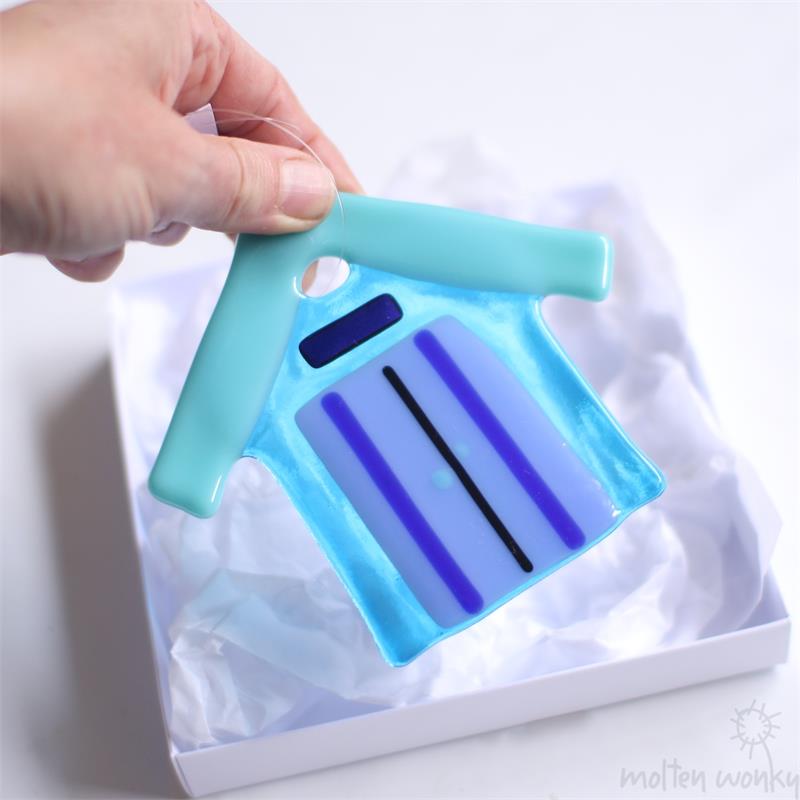 blue fused glass beach hut 