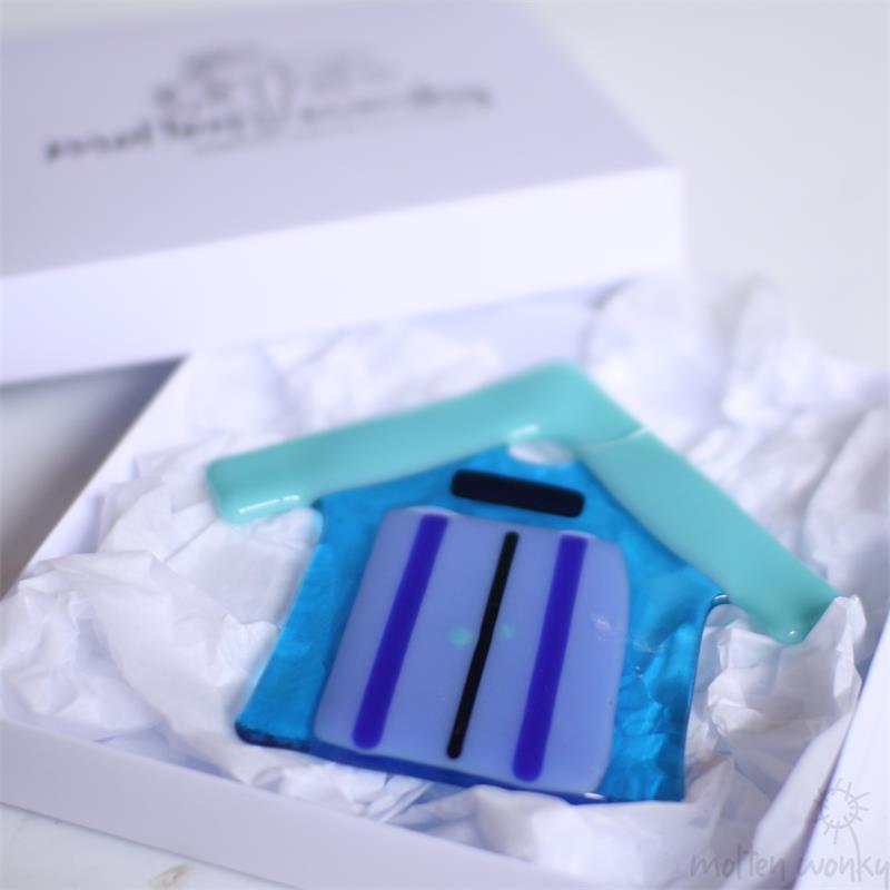 blue fused glass beach hut 