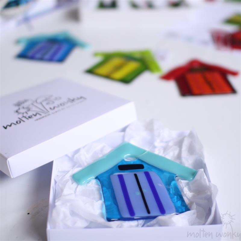 blue fused glass beach hut 
