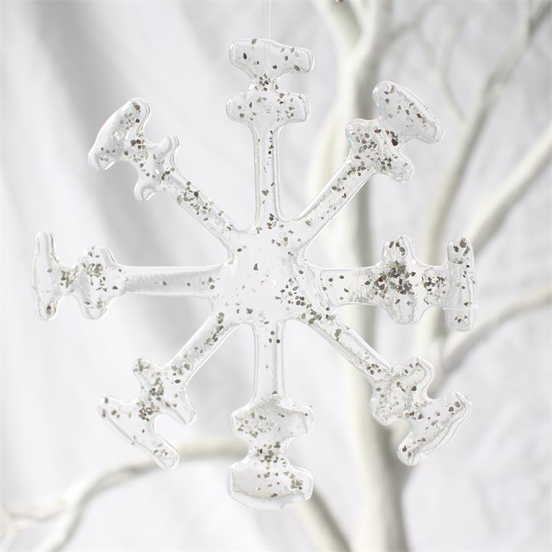 Clear glitter fused glass snow flake hanging decoration made by molten wonky