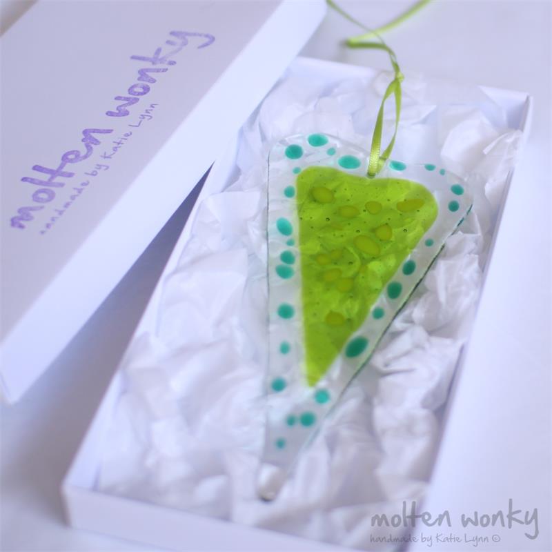 green fused glass love heart
