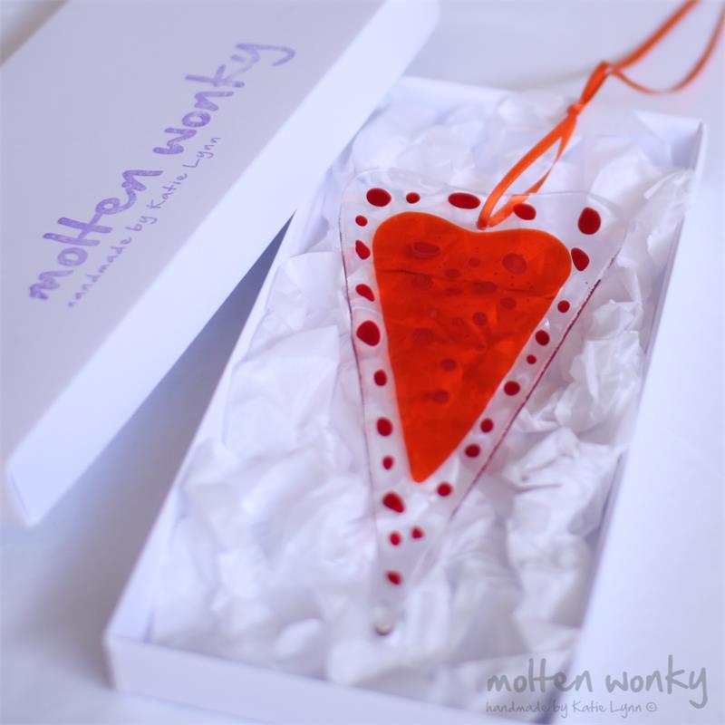 orange fused glass love heart decoration handmade by molten wonky