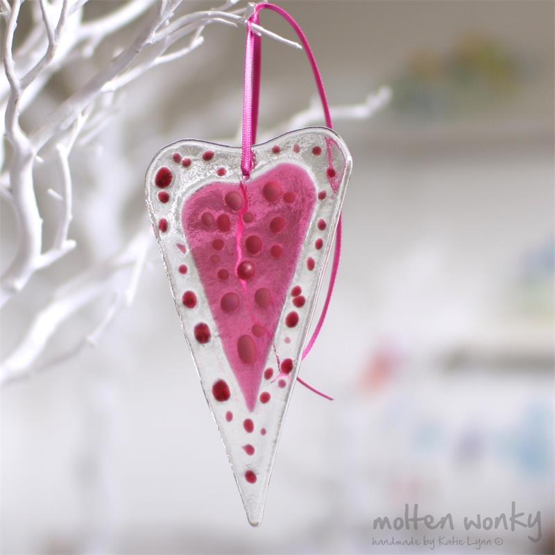 pink fused glass love heart decoration handmade by molten wonky