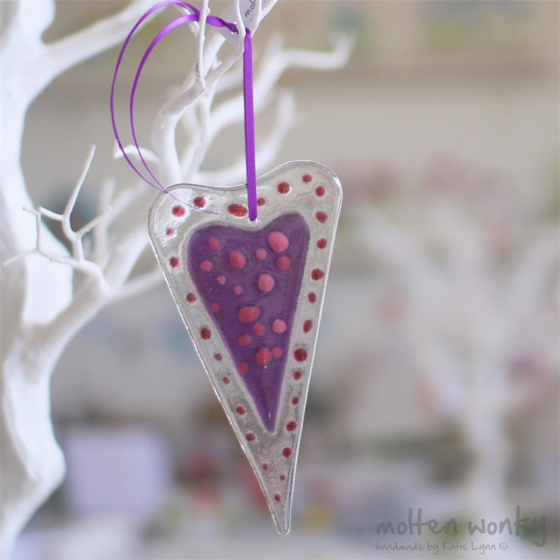 purple dotty fused glass love heart