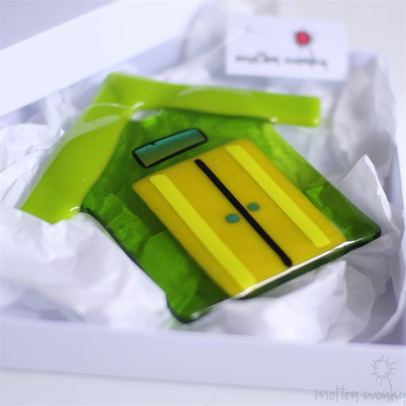 handmade colourful glass beach hut by molten wonky