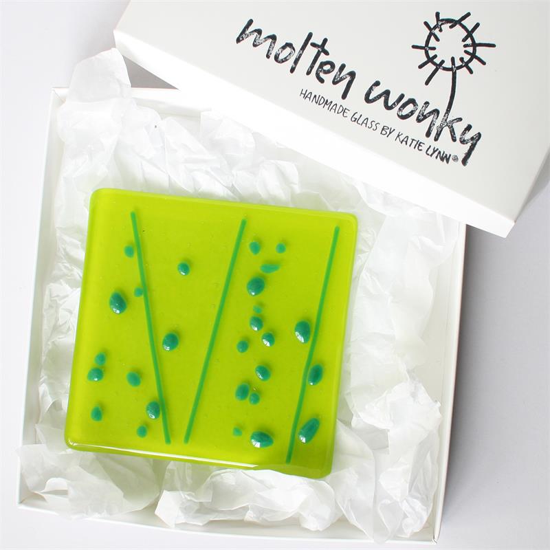 Green Jazzy Fused Glass Square Coaster by molten wonky