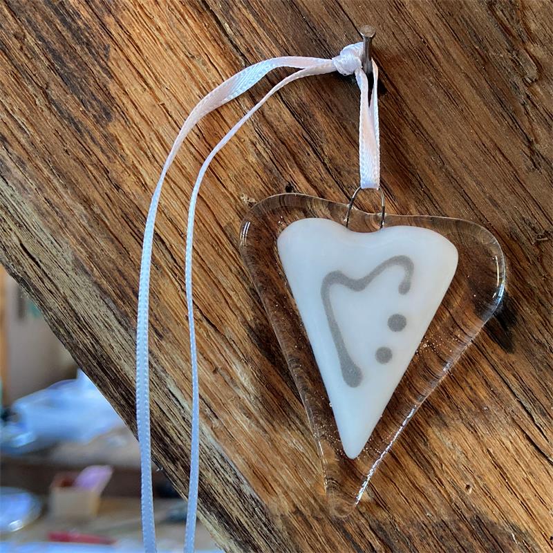 white fused glass wedding favour love heart