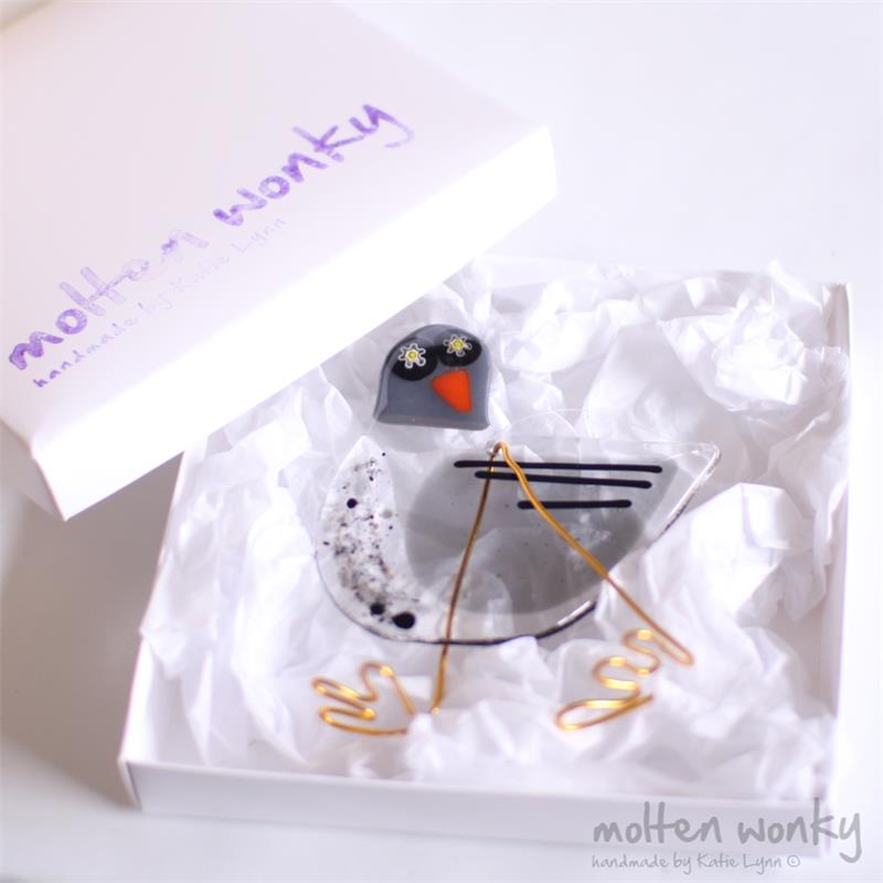 Grey london pigeon fused glass hanging decoration made by molten wonky