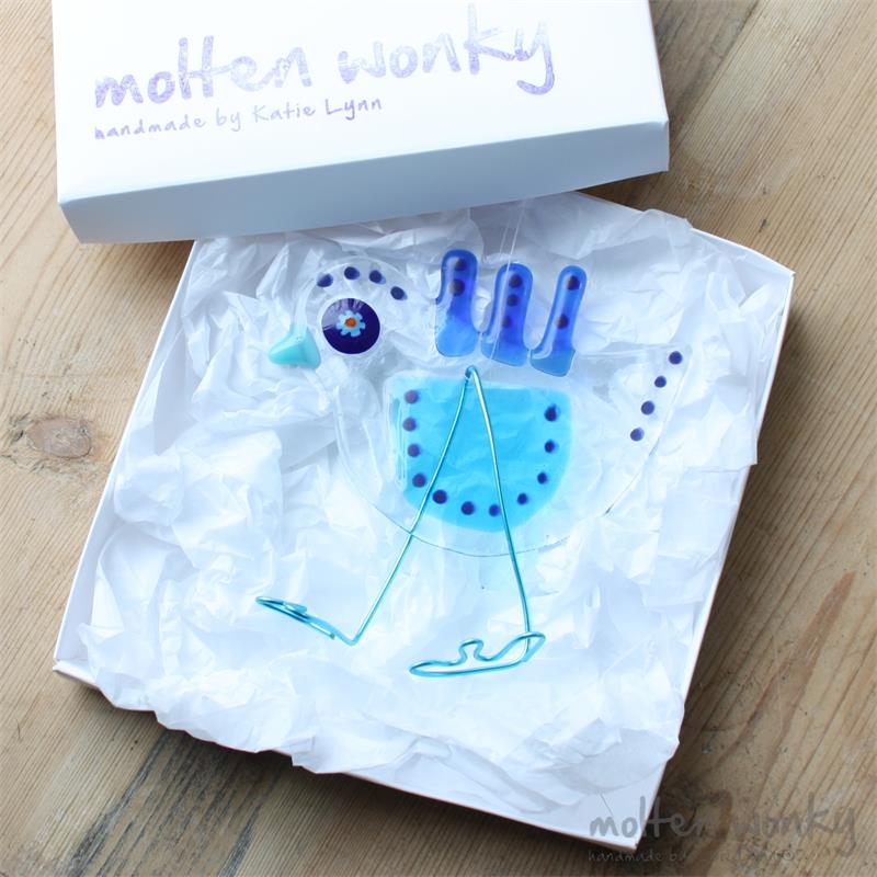 Blue quirky Bird fused glass hanging decoration made by molten wonky