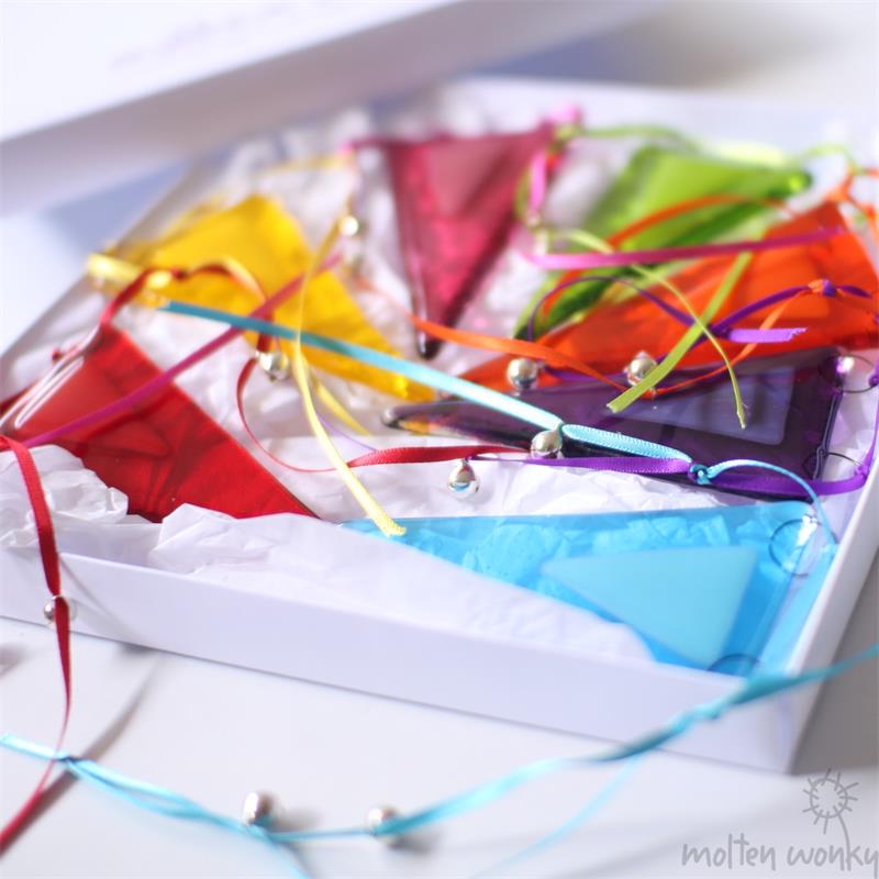 rainbow fused glass bunting with jiggle bells 