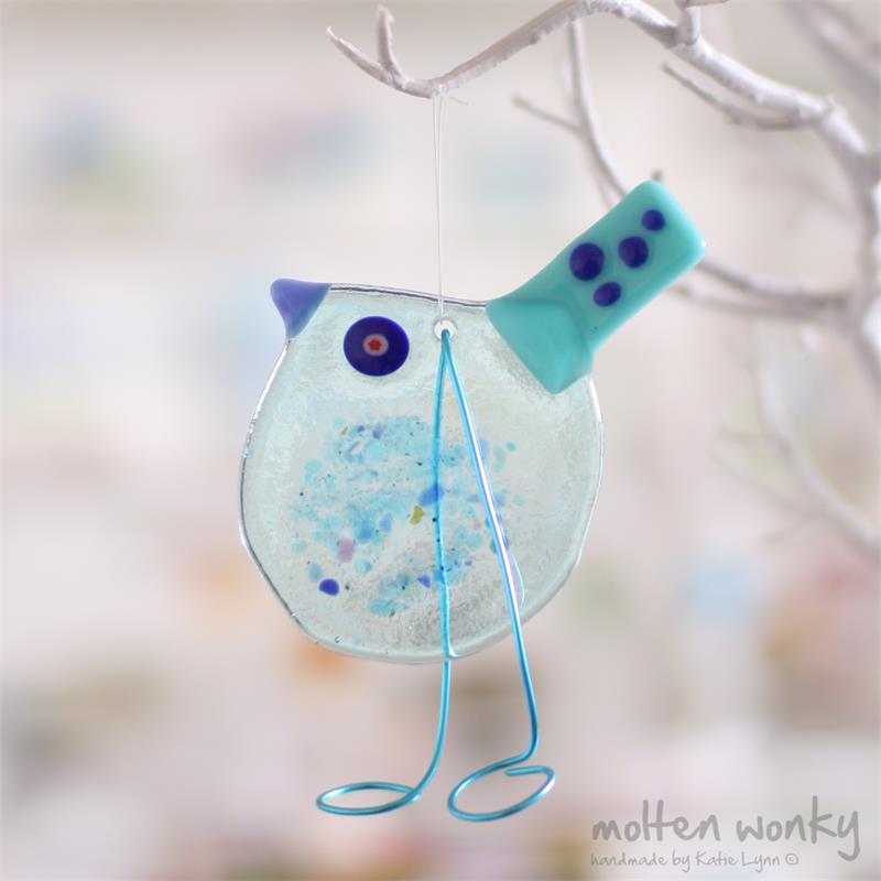 Roundy Bird fused glass hanging decoration made by molten wonky