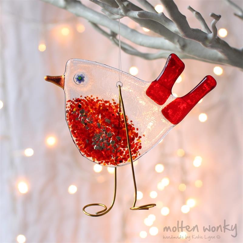 Speckled breasted fused glass Robin hanging decoration by molten wonky