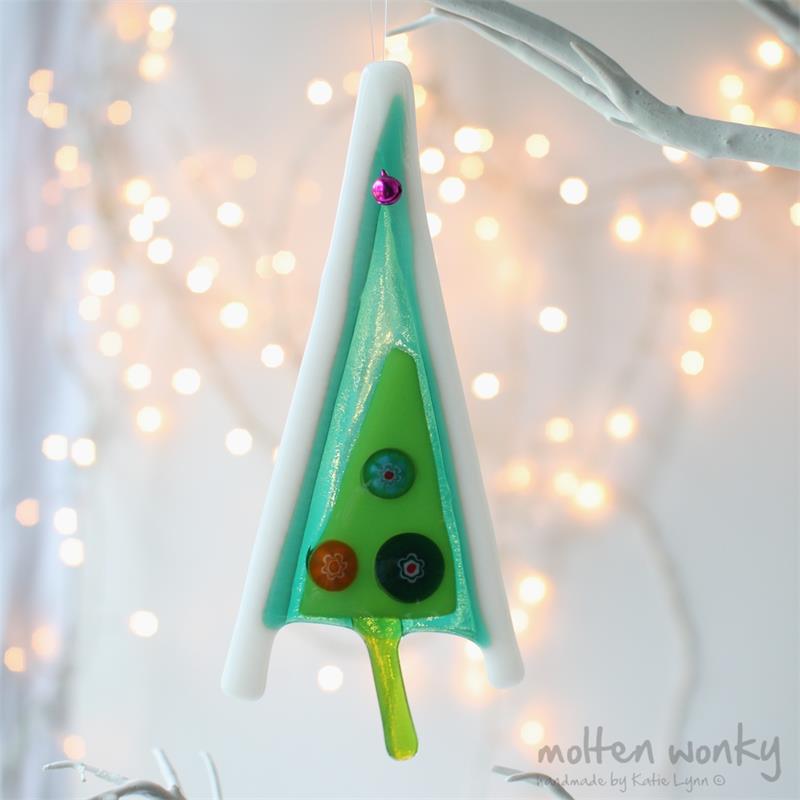 emerald snowy tree fused glass decoration made by molten wonky