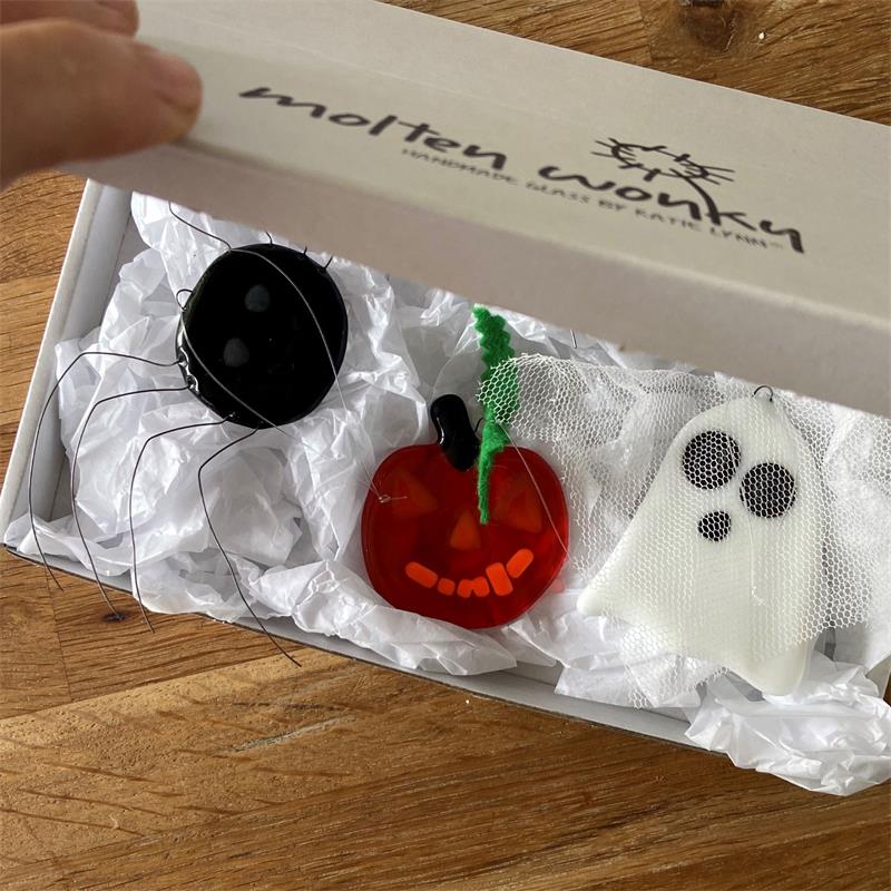 pumpking spider and ghost glass halloween ornaments 