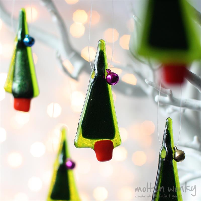 set of Five Tiny tree fused glass decoration made by molten wonky