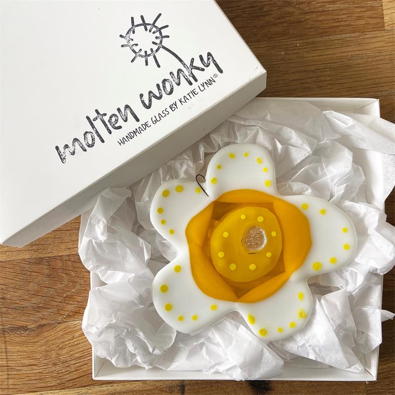 White & Yellow Fused Glass Bloom by molten wonky