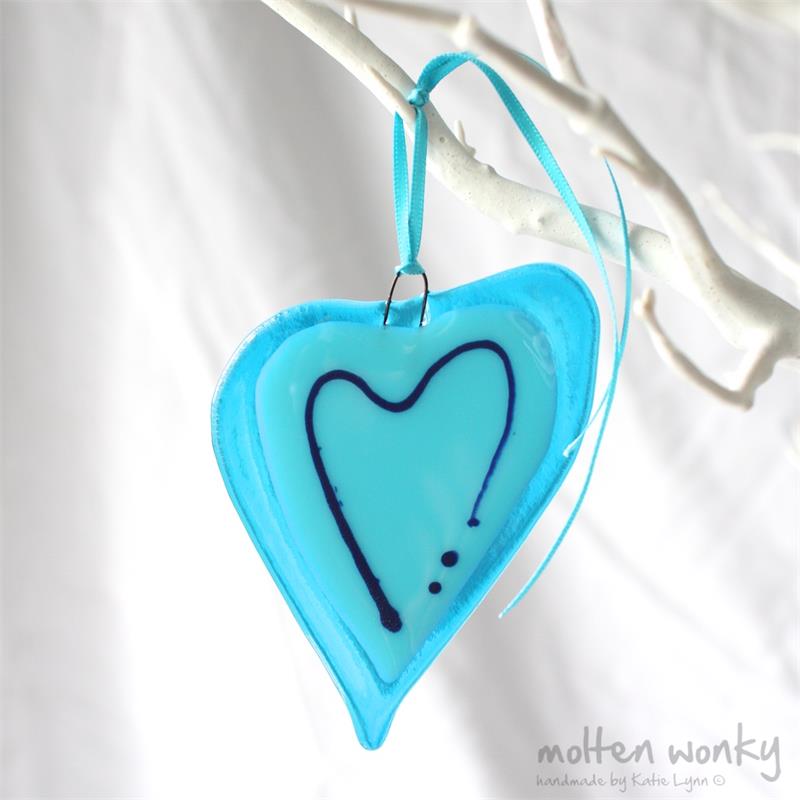 blue with a line fused glass love heart hanging decoration made by molten wonky