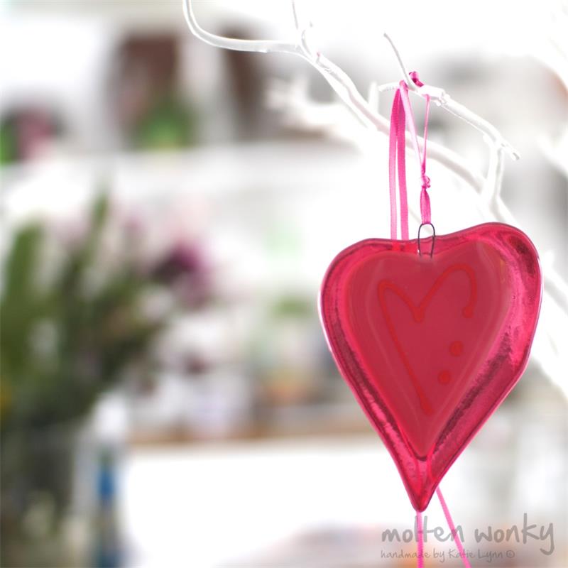 pink fused glass love heart decoration handmade by molten wonky