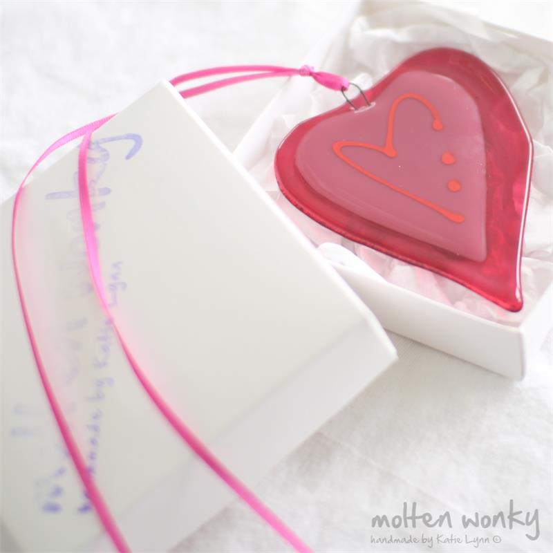 pink fused glass love heart decoration handmade by molten wonky
