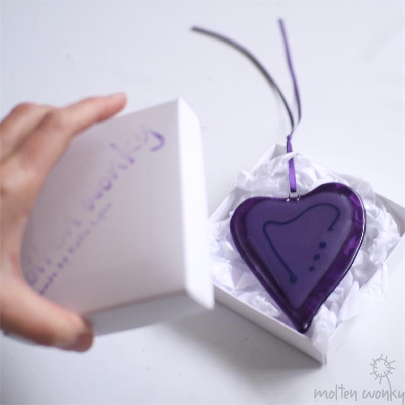 purple fused glass wonky love heart