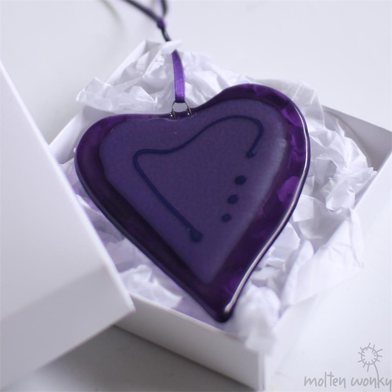purple fused glass wonky love heart