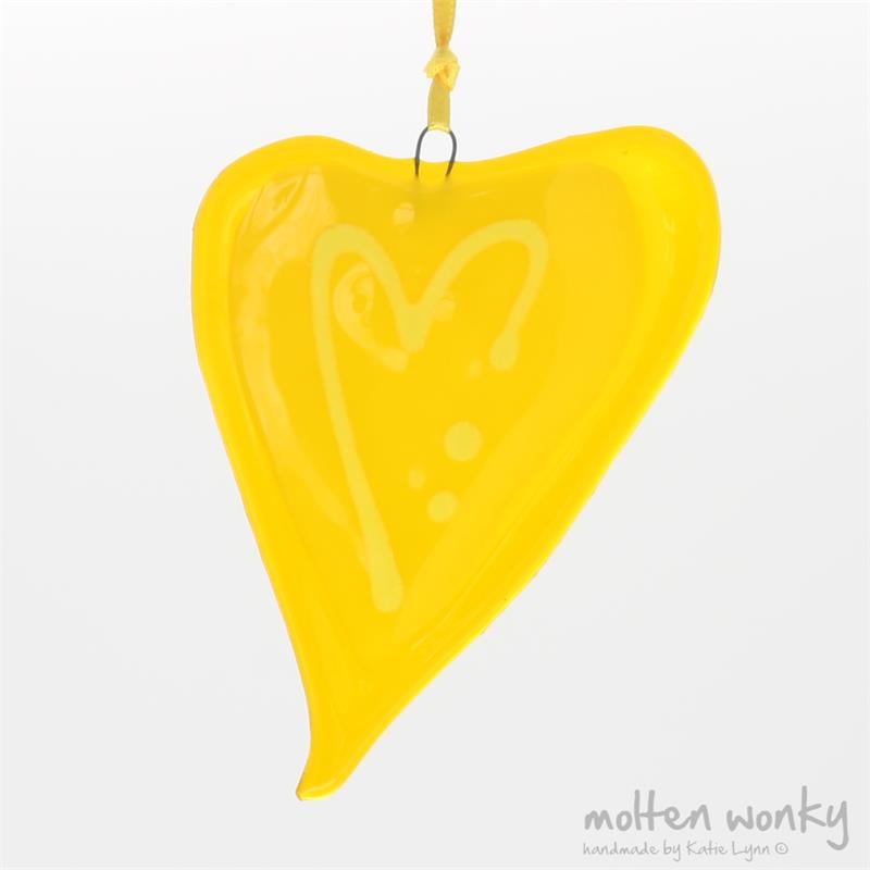 yellow fused glass love heart decoration handmade by molten wonky